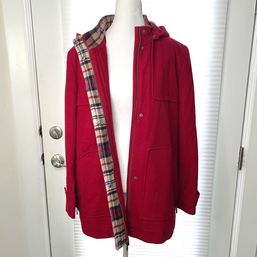 Tommy Hilfiger American Classics Red hooded wool coat with plaid lining Size XL
